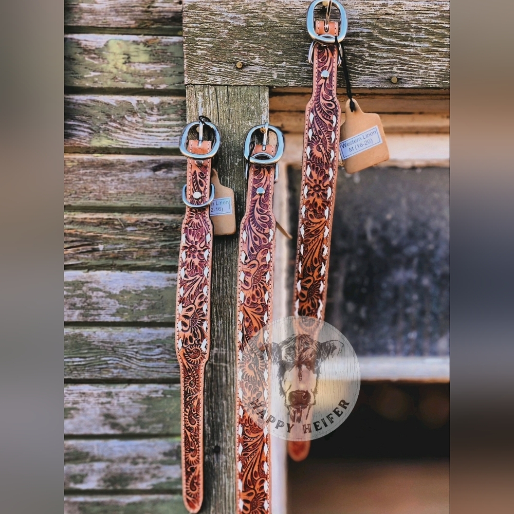 Western Handtooled Leather Dog Collars available in sizes: